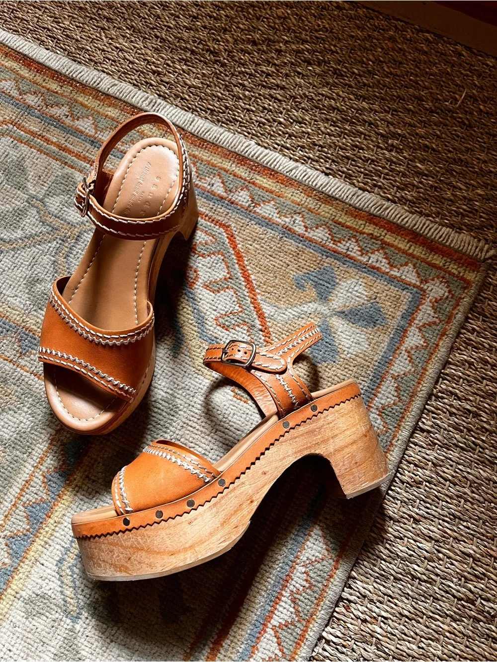 Sandro Cognac Leather Platform Clog Sandals with Wood Heel - Picture 2 of 6